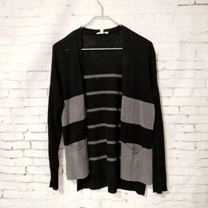 Eileen Fisher Sz XS Women's Cardigan Linen Long Sleeves Gray Black Striped Hi-Lo
